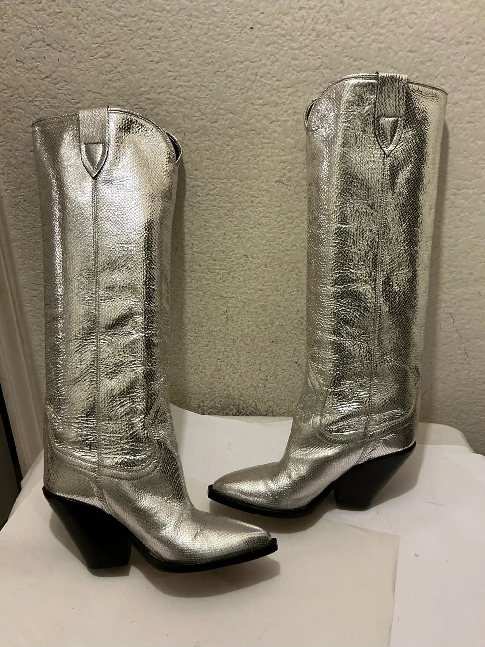Isabel Marant Silver Metallic Lomero knee high leather boots 38